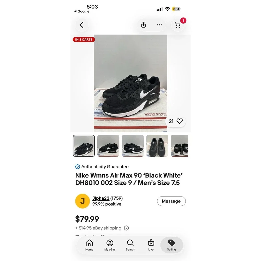 Nike Wmns Air Max 90 'Black White' DH8010 002 Size 9